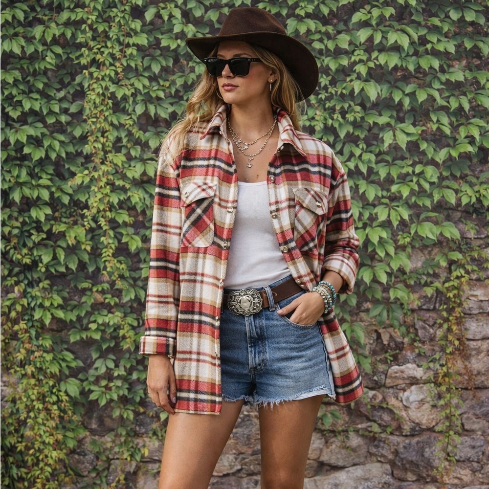 SAGE COLLECTIVE Red and Tan Plaid Flannel Sherpa-Lined Shacket, L